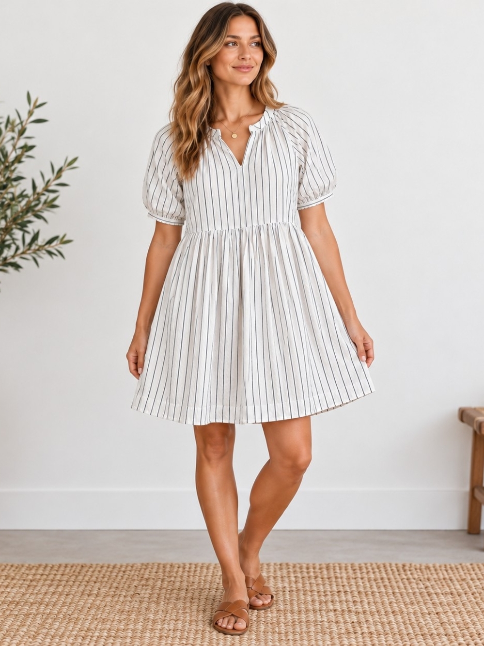 Michael Stars Dress S White Navy Stripe Cotton Babydoll Puff Sleeve Coastal